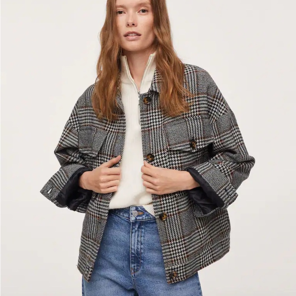 Mango Plaid Houndstooth Shirt Jacket